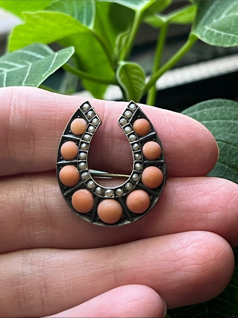 Antique Sterling Silver Horseshoe Pin with Genuine Seed Pearls And Coral Stones